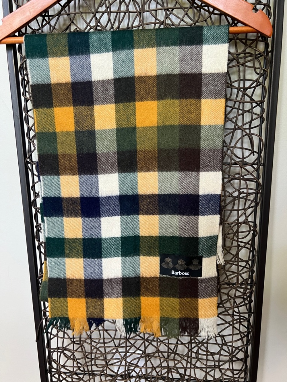 Barbour Tattersall Tartan Lambswool Fringe Scarf Forest Mist Check Pattern